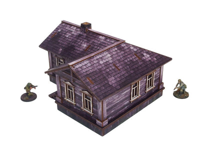 Ostfront Village Maria's House – widok izometryczny na dach z kominem i trzy okna, żołnierze po bokach, 28mm Bolt Action
