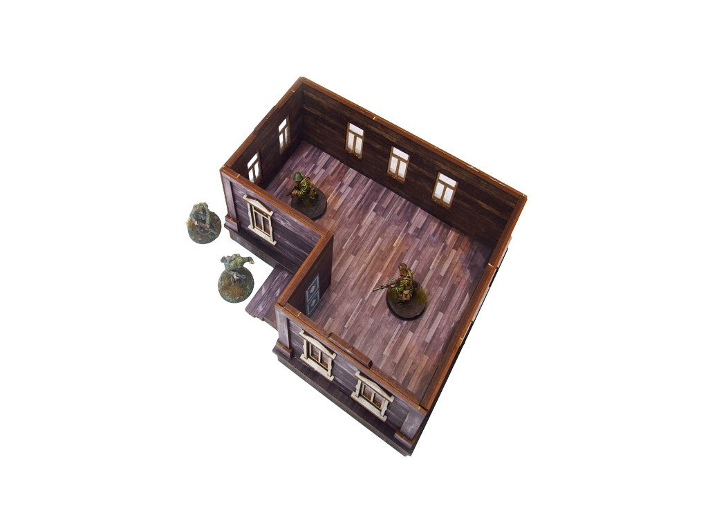Ostfront Village Maria's House – widok z góry na wnętrze w kształcie L z żołnierzami i drzwiami, 28mm Bolt Action
