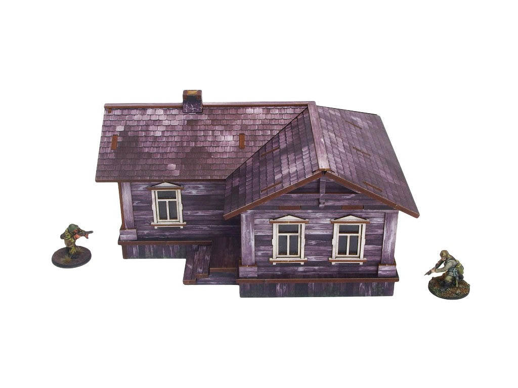 Ostfront Village Maria's House – widok izometryczny na dach w kształcie L z kominem, żołnierze po bokach, 28mm Bolt Action
