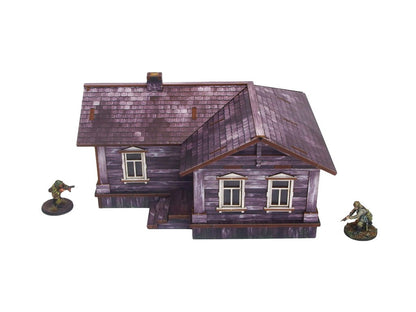 Ostfront Village Maria's House – widok izometryczny na dach w kształcie L z kominem, żołnierze po bokach, 28mm Bolt Action
