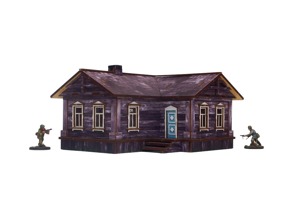 Ostfront Village Maria's House – widok z przodu na pełny budynek z czterema oknami i turkusowymi drzwiami, 28mm Bolt Action
