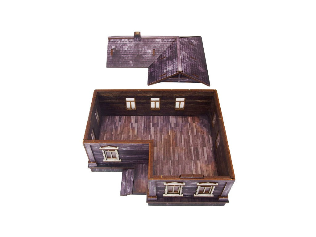 Ostfront Village Maria's House – zdejmowany dach obok budynku, widok kolorowego wnętrza z podłogą, 28mm Bolt Action
