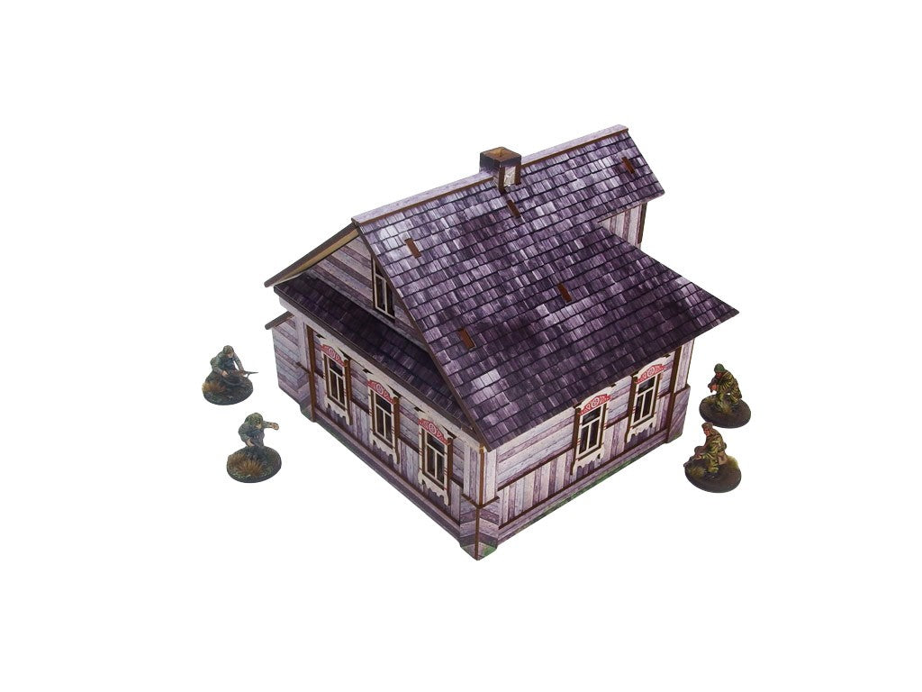 Ostfront Village Whitewashed Dacha – widok izometryczny na narożnik z pięcioma oknami i kominem, żołnierze po bokach, 28mm Bolt Action
