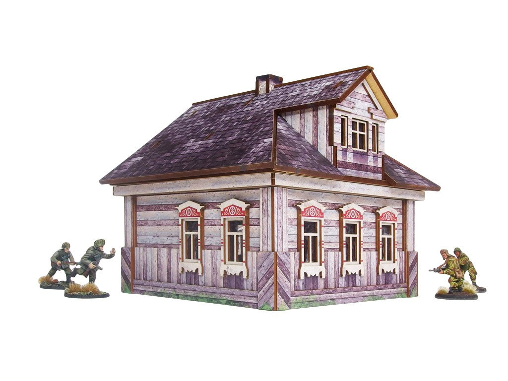 Ostfront Village Whitewashed Dacha – widok izometryczny na narożnik z pięcioma oknami i kominem, żołnierze po bokach, 28mm Bolt Action
