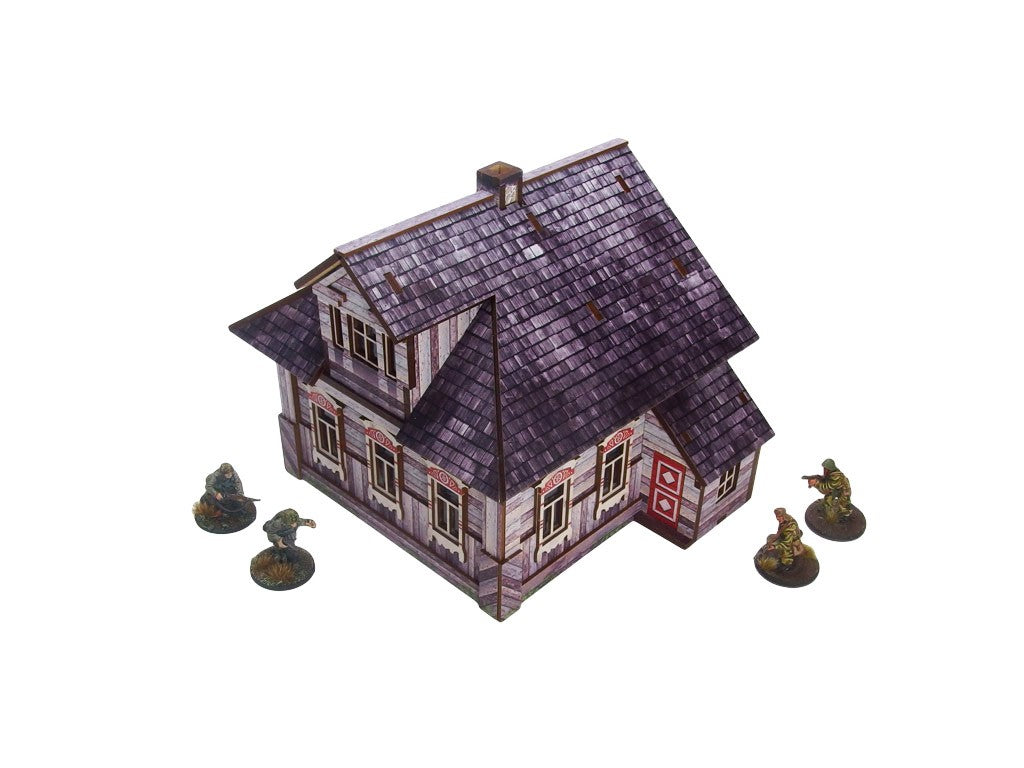 Ostfront Village Whitewashed Dacha – widok izometryczny z góry na dach z kominem i czerwone drzwi, żołnierze po bokach, 28mm Bolt Action
