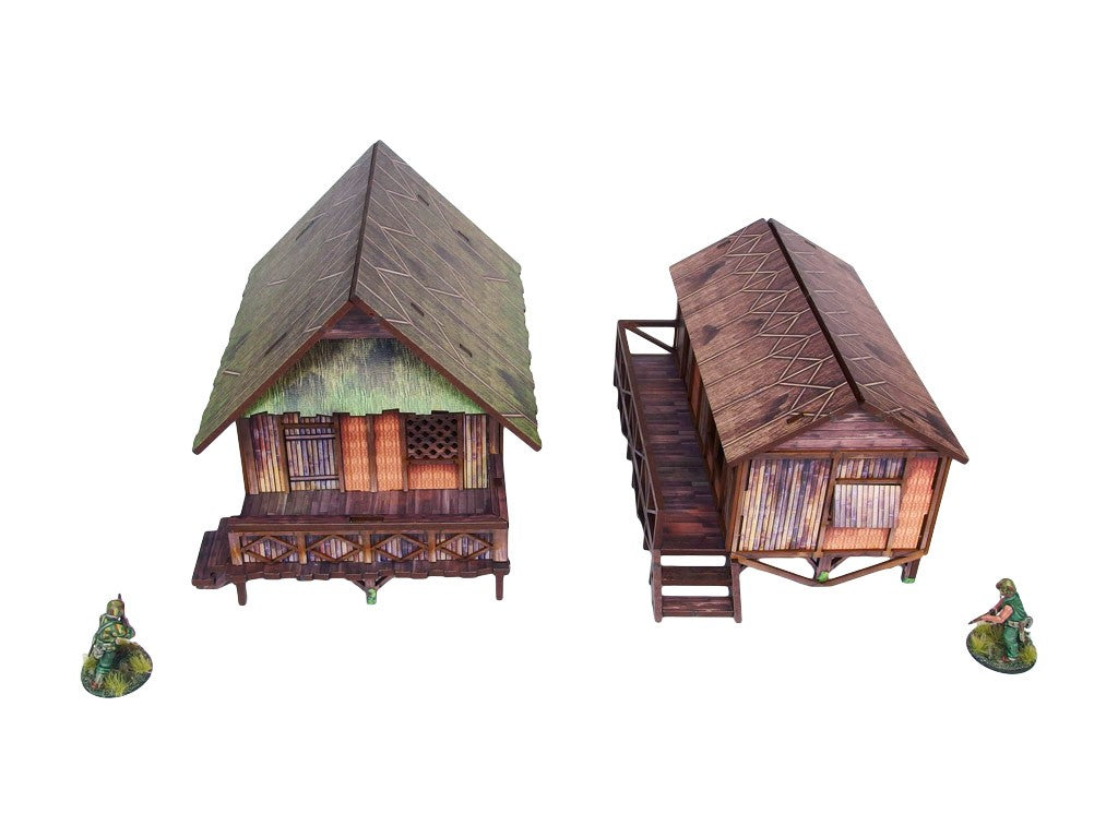 WW2 Pacific Jungle Huts (2) PREPAINTED – panele HDF z wyciętymi elementami obu chat dżunglowych przed montażem, widok z góry, UV-druk multicolor

