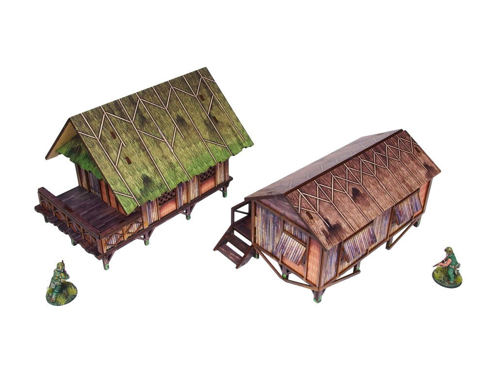WW2 Pacific Jungle Huts (2) PREPAINTED – panele HDF z wyciętymi elementami obu chat dżunglowych przed montażem, widok z boku, UV-druk multicolor
