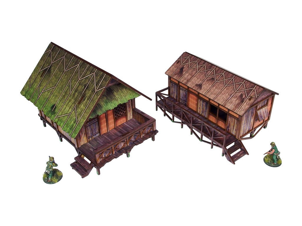 WW2 Pacific Jungle Huts (2) PREPAINTED – panele HDF z wyciętymi elementami obu chat dżunglowych przed montażem, widok alternatywny, UV-druk multicolor
