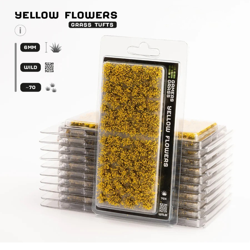 Yellow Flowers 6mm Wild Gamers Grass - opakowanie blister ze stosem produktów, widok z przodu z arkuszem 70 żółtych kępek kwiatowych i oznaczeniem 6mm Wild 70x
