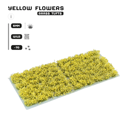 Yellow Flowers 6mm Wild Gamers Grass - arkusz kępek kwiatowych na białym tle z logo Gamers Grass i opisem produktu: Grass Tufts 6mm Wild 70x
