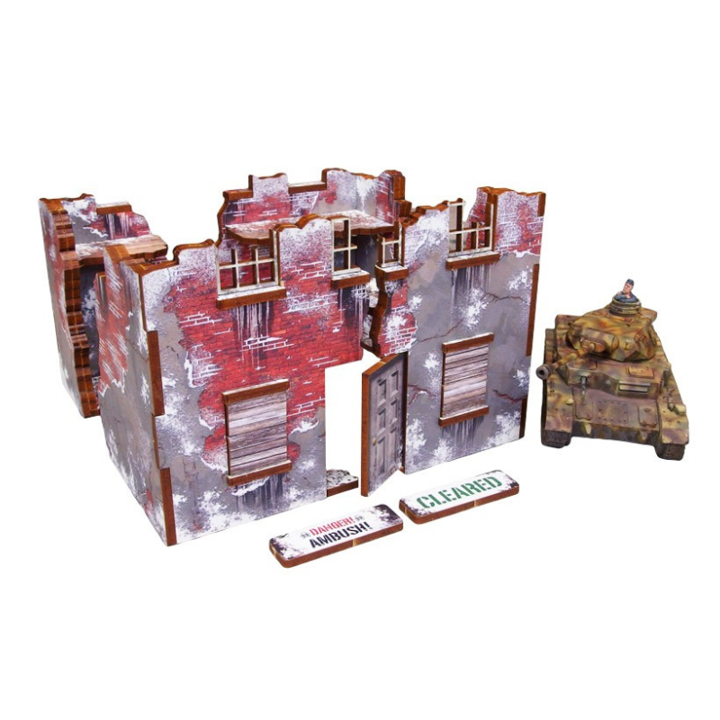 Normandy Winter Ruin 3 – złożone 4 sekcje ruin z czołgiem Panzer IV dla skali i markerami Ambush i Cleared, 28mm Bolt Action
