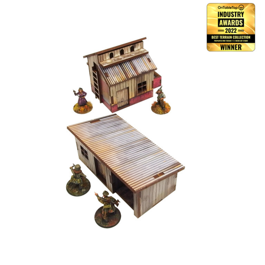 Normandy Small Sheds w. Dovecote – gołębnik z falistym dachem widziany z góry i szopa z falistym dachem, figurki cywilne i żołnierze WWII dla skali, 28mm Bolt Action
