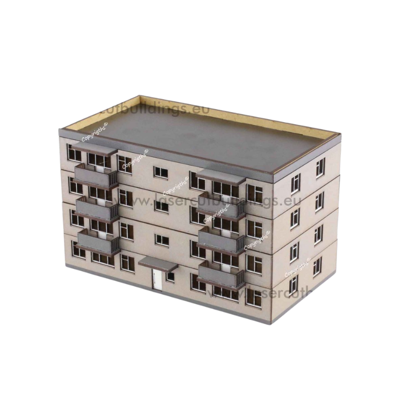 Blok z balkonami II LBHP0056b – widok izometryczny na 4-piętrowy blok z balkonami i płaskim dachem, prepainted, 28mm Laser Cut Buildings
