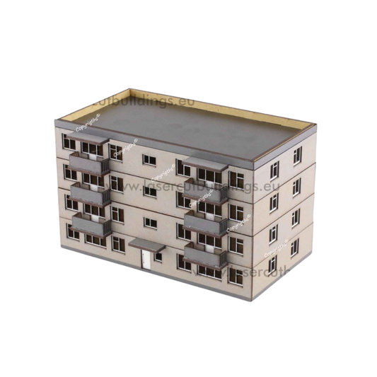Blok z balkonami II LBHP0056b – widok izometryczny na 4-piętrowy blok z balkonami i płaskim dachem, prepainted, 28mm Laser Cut Buildings
