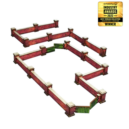 Normandy Wall w. Gate Low – widok z góry na dwa układy murów z bramami tworzące ogrodzenie posiadłości, 28mm Bolt Action
