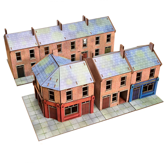 Small Heath Starter Set GLA007B – widok izometryczny na kompletny zestaw 5 budynków: pub The Spam & Haddock, kamienice i sklep George's General Store, MDF CMYK, 28mm Sarissa Precision
