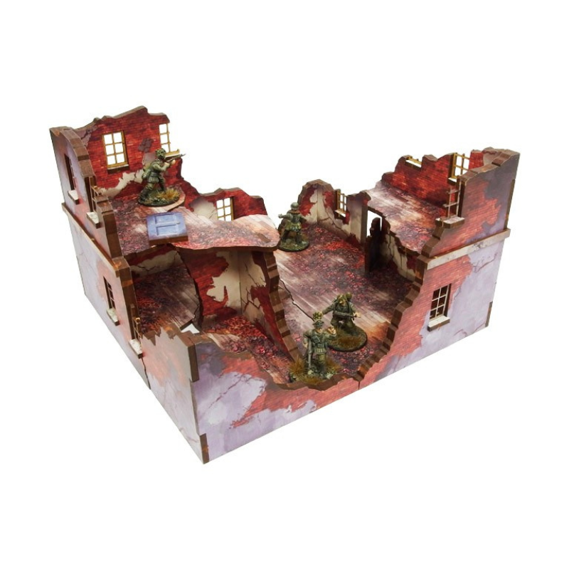 Normandy Ruined Large House 1 – złożone ruiny z żołnierzami WWII wewnątrz, widok z przodu na 2 kondygnacje i pęknięte ściany, 28mm Bolt Action
