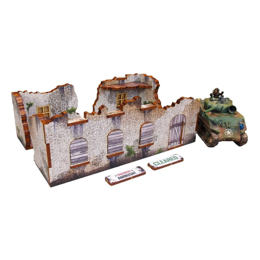 Normandy Ruin 3 – złożone 3 sekcje kamiennych ruin z czołgiem Sherman dla skali i markerami Ambush i Cleared, 28mm Bolt Action
