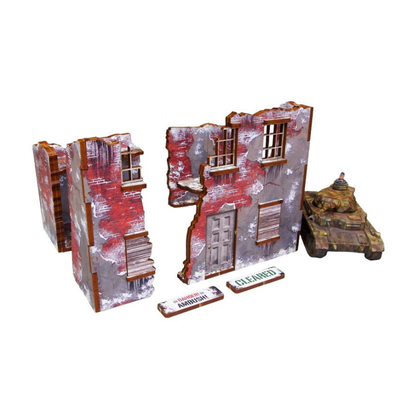 Normandy Winter Ruin 2 – złożone 4 sekcje zimowych ruin z czołgiem Panzer IV i markerami Ambush i Cleared, 28mm Bolt Action
