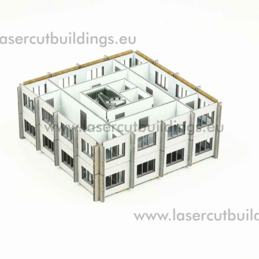 Biurowiec II LBHP0358 – widok izometryczny na 2 dodatkowe piętra z otwartym układem biurowym i klatką schodową w centrum, prepainted, 28mm Laser Cut Buildings
