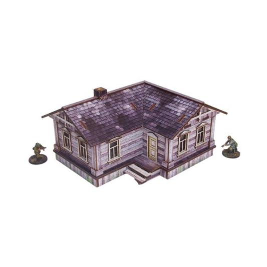 Ostfront Village Iwan's House – widok izometryczny na narożnik z wejściem i schodami, żołnierze po bokach, 28mm Bolt Action
