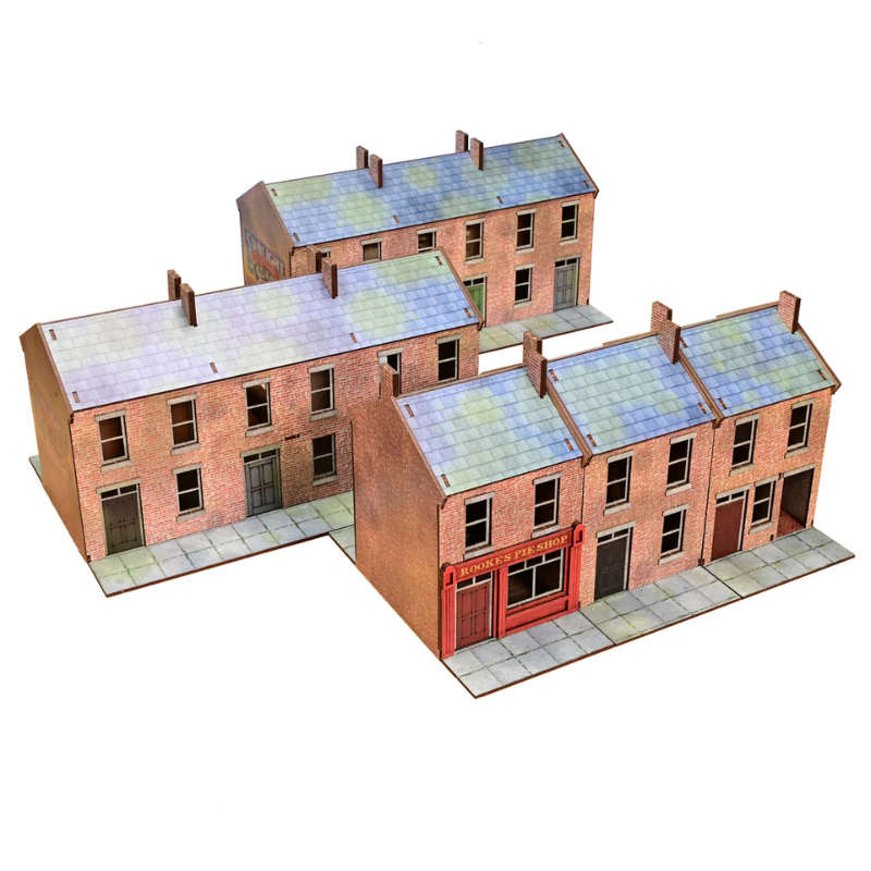 Hawthorne Street Set GLA009B – widok izometryczny na kompletny zestaw 5 budynków: 2x Ashcroft Terrace Block, Narrow Cut House, Rooke's Pie Shop i Brass Lane House, MDF CMYK, 28mm Sarissa Precision
