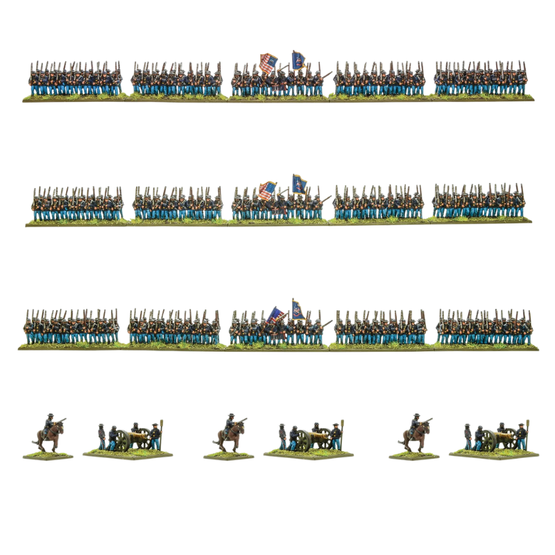 Black Powder Epic Battles ACW Union Brigade - 3 regimenty piechoty Unii w niebieskich mundurach z flagami Stars and Stripes i regimenalnymi w rzędach po ok. 100 figurek każdy oraz 3 armaty z obsługą i 3 dowódców konnych na białym tle - Warlord Games 312414003
