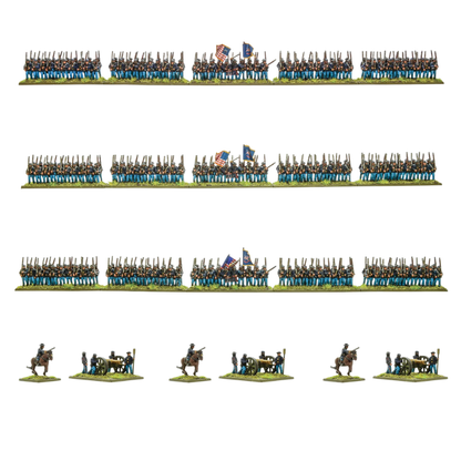 Black Powder Epic Battles ACW Union Brigade - 3 regimenty piechoty Unii w niebieskich mundurach z flagami Stars and Stripes i regimenalnymi w rzędach po ok. 100 figurek każdy oraz 3 armaty z obsługą i 3 dowódców konnych na białym tle - Warlord Games 312414003
