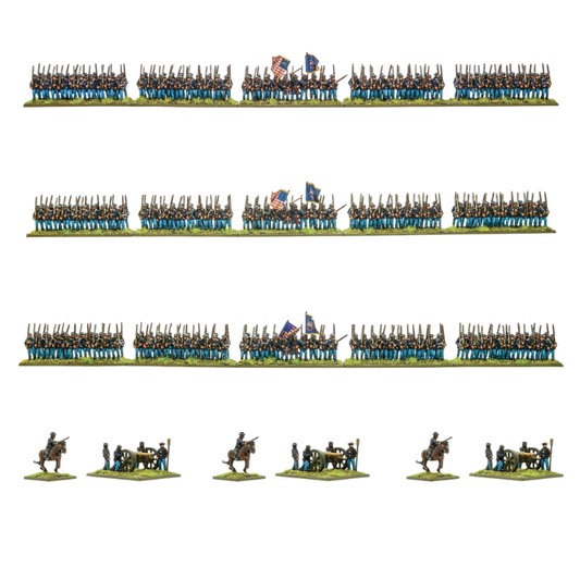 Black Powder Epic Battles ACW Union Brigade - 3 regimenty piechoty Unii w niebieskich mundurach z flagami Stars and Stripes i regimenalnymi w rzędach po ok. 100 figurek każdy oraz 3 armaty z obsługą i 3 dowódców konnych na białym tle - Warlord Games 312414003
