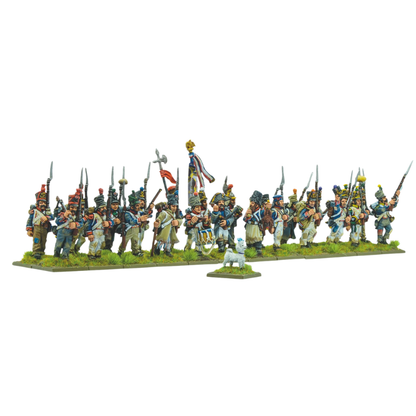Black Powder Vive l'Empereur French Peninsular Veterans 28mm - widok z przodu pomalowanej podstawki z 24 weteranami Półwyspu Iberyjskiego w niebieskich mundurach z różnorodnym ekwipunkiem i nakryciami głowy (czako, bonety, kapelusze) z bagnetami i flagą trójkolorową, przed podstawką mała biała figurka pudla Fifi na osobnej podstawce - Warlord Games 302412007
