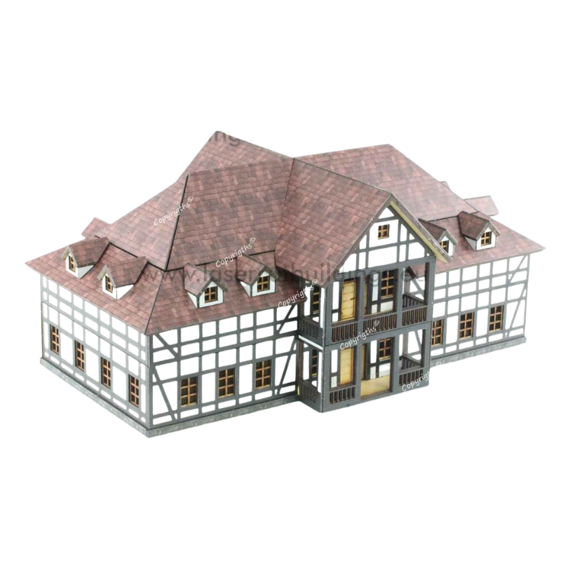 Dwór Pruski Szachulcowy LBHP0086 28mm HDF prepaint - widok izometryczny z przodu z dachem Laser Cut Buildings

