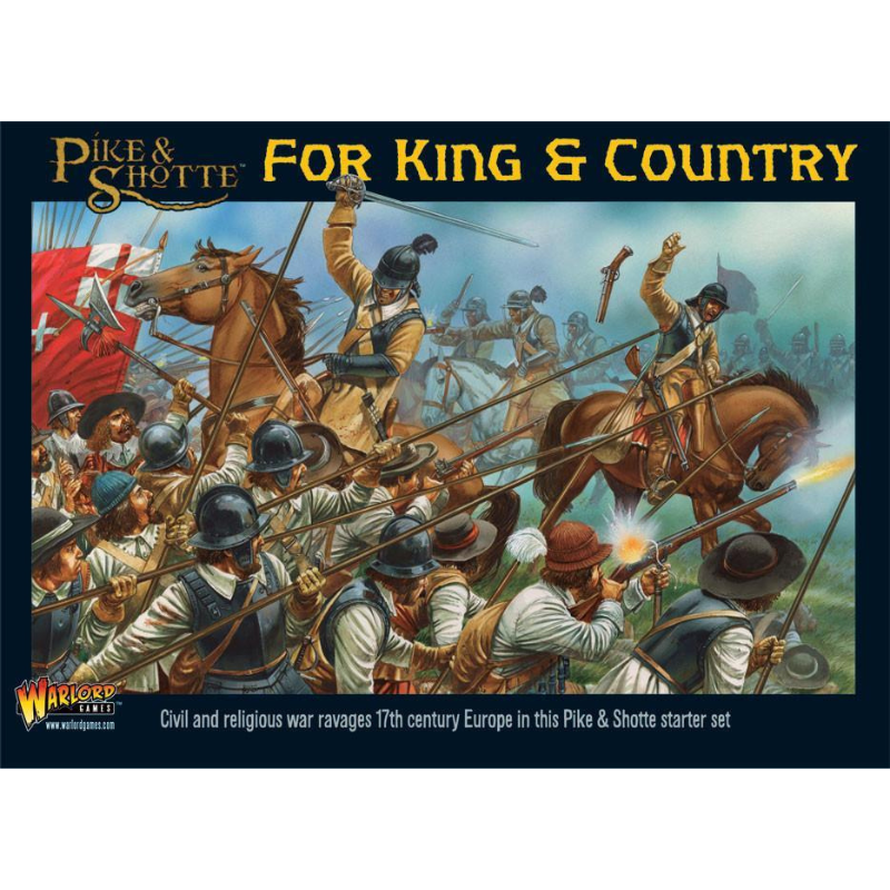 Pike & Shotte For King & Country - pudełko zestawu startowego z ilustracją przedstawiającą bitwę XVII-wieczną - jeźdźcy w żółtych mundurach z szablami na koniach szarżujący na pikinierzy i muszkieterzy - czarne pudełko z logo Pike & Shotte - Warlord Games WGP-START-01
