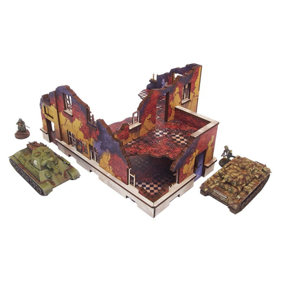Ostfront Stalingrad School Left – widok izometryczny na ruiny z T-34 i Panzer IV po bokach dla skali, 28mm Bolt Action
