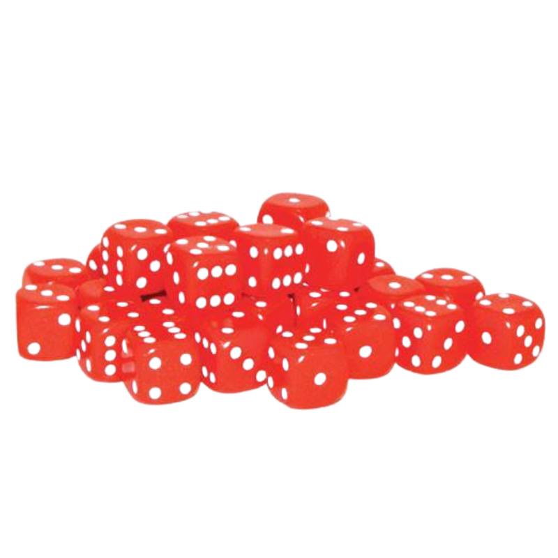 30 Red D6 10mm Warlord Games - 30 czerwonych kostek sześciościennych D6 z białymi oczkami ułożonych w stos - widoczne ściany z oczkami 1-6 - kompaktowy rozmiar 10mm - Warlord Games
