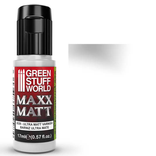 Green Stuff World Maxx Matt Varnish 17ml – widok ogólny butelki ultra matowego lakieru akrylowego do figurek i modeli tabletop
