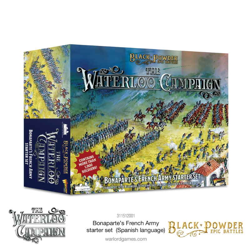Black Powder Epic Battles Waterloo Bonaparte's French Army Starter Set - pudełko zestawu pod kątem z ilustracją przedstawiającą starcie armii francuskiej w niebieskich mundurach z armią brytyjską w czerwonych mundurach na tle dramatycznego nieba - napis The Waterloo Campaign Bonaparte's French Army Starter Set Contains more than 1000 soldiers - Warlord Games 311512001 - warlordgames.com
