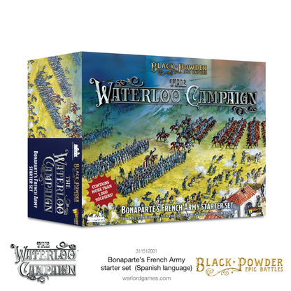 Black Powder Epic Battles Waterloo Bonaparte's French Army Starter Set - pudełko zestawu pod kątem z ilustracją przedstawiającą starcie armii francuskiej w niebieskich mundurach z armią brytyjską w czerwonych mundurach na tle dramatycznego nieba - napis The Waterloo Campaign Bonaparte's French Army Starter Set Contains more than 1000 soldiers - Warlord Games 311512001 - warlordgames.com
