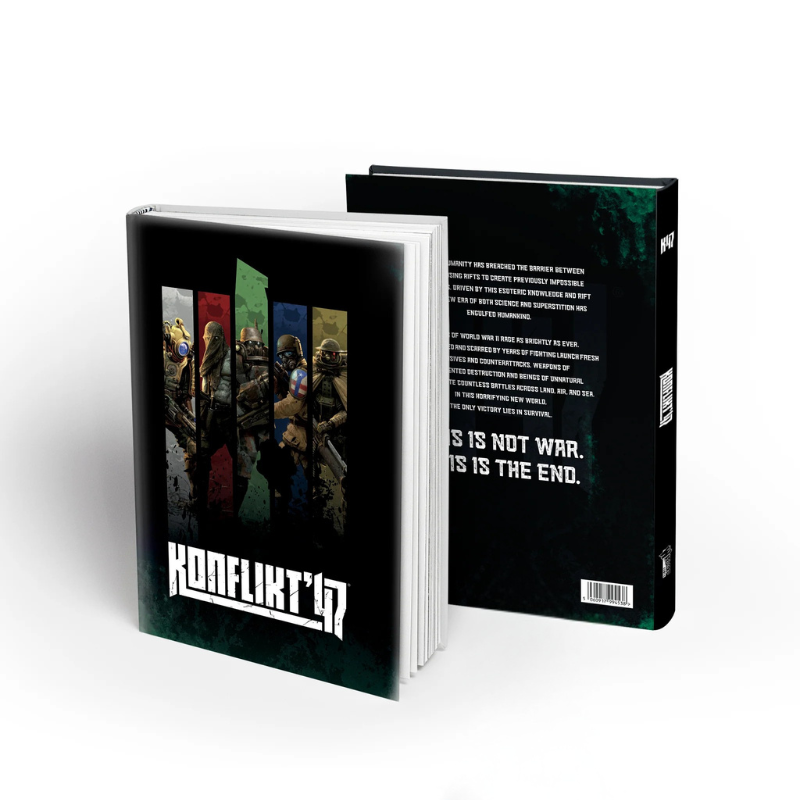 Konflikt '47 Rulebook - dwie twarde okładki książki na białym tle: przód z czarną okładką z ilustracją pięciu żołnierzy różnych frakcji w pancerzach i maskach (żółty, czerwony, zielony, niebieski, szary panel) z napisem Konflikt '47, tył z czarną okładką z tekstem This is not war. This is the end. - Warlord Games 451010003 - warlordgames.com
