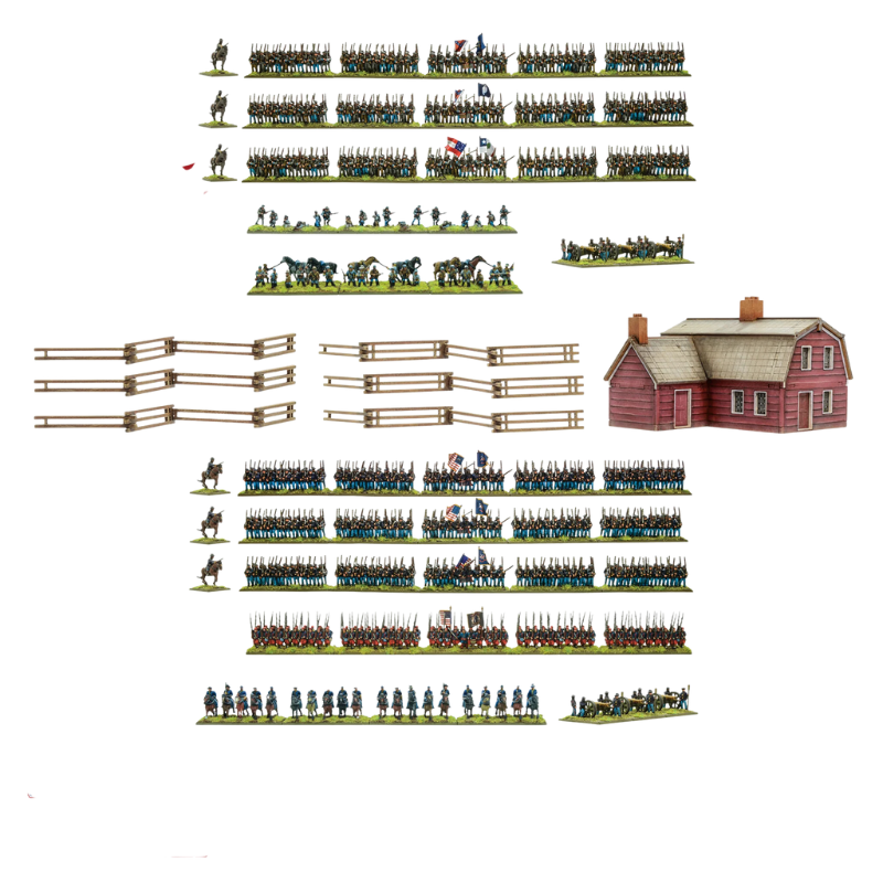Black Powder Epic Battles American Civil War Guts & Glory Starter Set - widok wszystkich elementów zestawu: 3 regimenty Konfederatów w szarych mundurach, 3 regimenty Unii w niebieskich mundurach, regiment Zouave w czerwonych spodniach, regiment kawalerii, regiment piechoty dismounted, skirmisherzy, 6 armat z obsługą, 6 dowódców konnych, płoty snake fence i czerwona stodoła MDF - Warlord Games 312004004
