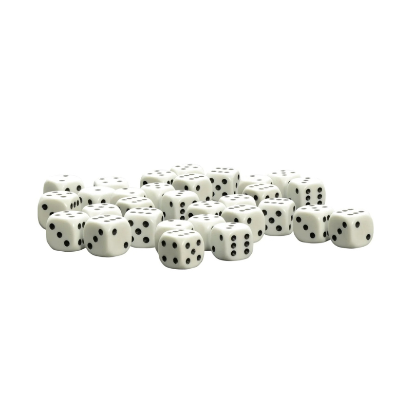 30 White D6 10mm Warlord Games - 30 białych kostek sześciościennych D6 z czarnymi oczkami ułożonych w stos - widoczne ściany z oczkami 1-6 - kompaktowy rozmiar 10mm - Warlord Games
