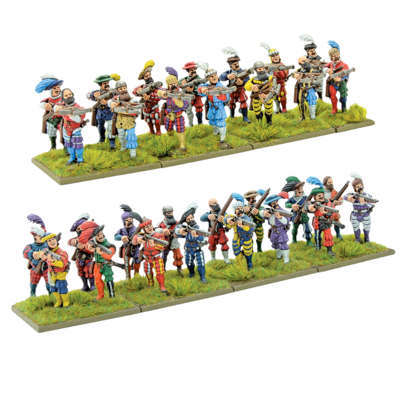 Landsknecht Missile Troops Pike & Shotte - dwa oddziały 15 pomalowanych arkebuzerów Landsknechtów na zielonych podstawkach: górny rząd z arkebuzami wycelowanymi do przodu, dolny rząd z arkebuzami w różnych pozach - kolorowe stroje renesansowe w paski - Warlord Games 202016003
