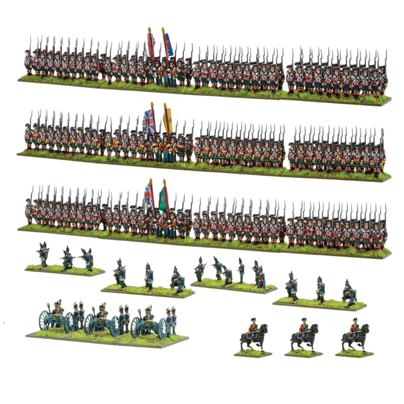 Black Powder Epic Battles Waterloo British Highlanders & Riflemen - widok wszystkich jednostek zestawu na białym tle: 3 regimenty Highlanders w czarnych czapkach bearskin i tartanowych spódnicach z bagnetami i flagami, 3 podstawki 95th Rifles w ciemnozielonych mundurach w pozach skirmisherów, bateria 3 haubic Royal Artillery z obsługą i 3 dowódców konnych w czerwonych mundurach - Warlord Games 312001004
