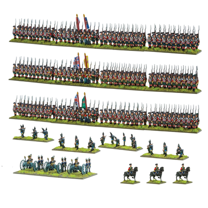 Black Powder Epic Battles Waterloo British Highlanders & Riflemen - widok wszystkich jednostek zestawu na białym tle: 3 regimenty Highlanders w czarnych czapkach bearskin i tartanowych spódnicach z bagnetami i flagami, 3 podstawki 95th Rifles w ciemnozielonych mundurach w pozach skirmisherów, bateria 3 haubic Royal Artillery z obsługą i 3 dowódców konnych w czerwonych mundurach - Warlord Games 312001004
