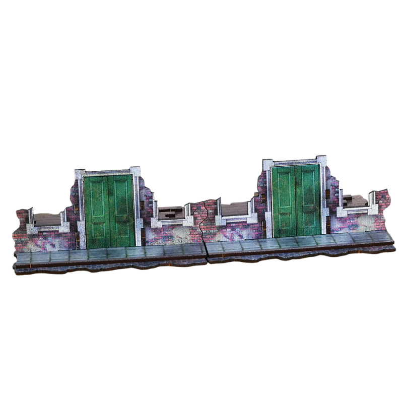 Destroyed City Ground Floors Straights x2 N469C 28mm MDF w kolorze - Zniszczone Mury Parteru - widok frontu dwie sekcje Sarissa Precision
