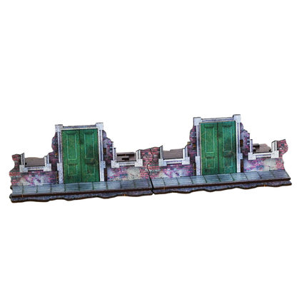 Destroyed City Ground Floors Straights x2 N469C 28mm MDF w kolorze - Zniszczone Mury Parteru - widok frontu dwie sekcje Sarissa Precision
