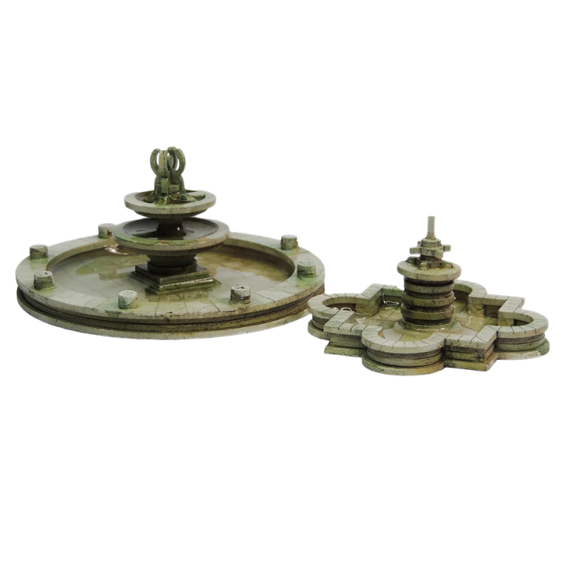 Fountain Set T023 28mm MDF - Zestaw Fontann - duża i mała fontanna pomalowane widok z góry Sarissa Precision
