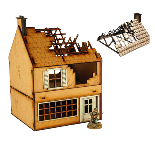 Destroyed Small Shop N006 N013 28mm MDF - Zniszczony Mały Sklep - surowy MDF widok z boku Sarissa Precision
