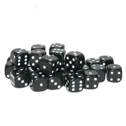 30 Black D6 10mm Warlord Games - 30 czarnych kostek sześciościennych D6 z białymi oczkami ułożonych w stos - widoczne ściany z oczkami 1-6 - kompaktowy rozmiar 10mm - Warlord Games
