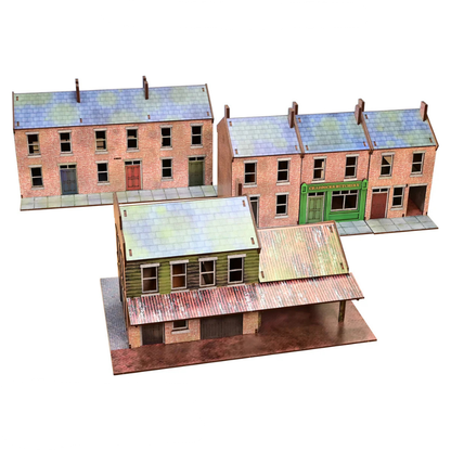 Factory End Set GLA008B – widok izometryczny na kompletny zestaw 5 budynków: magazyn Foundry Street Warehouse, kamienice i rzeźnik Craddock's Butchery, MDF CMYK, 28mm Sarissa Precision
