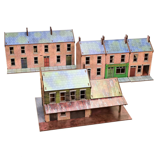 Factory End Set GLA008B – widok izometryczny na kompletny zestaw 5 budynków: magazyn Foundry Street Warehouse, kamienice i rzeźnik Craddock's Butchery, MDF CMYK, 28mm Sarissa Precision
